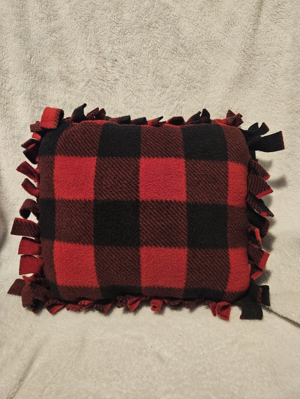 Handmade red & black checkered fleece accent pillow.  Machine washable,